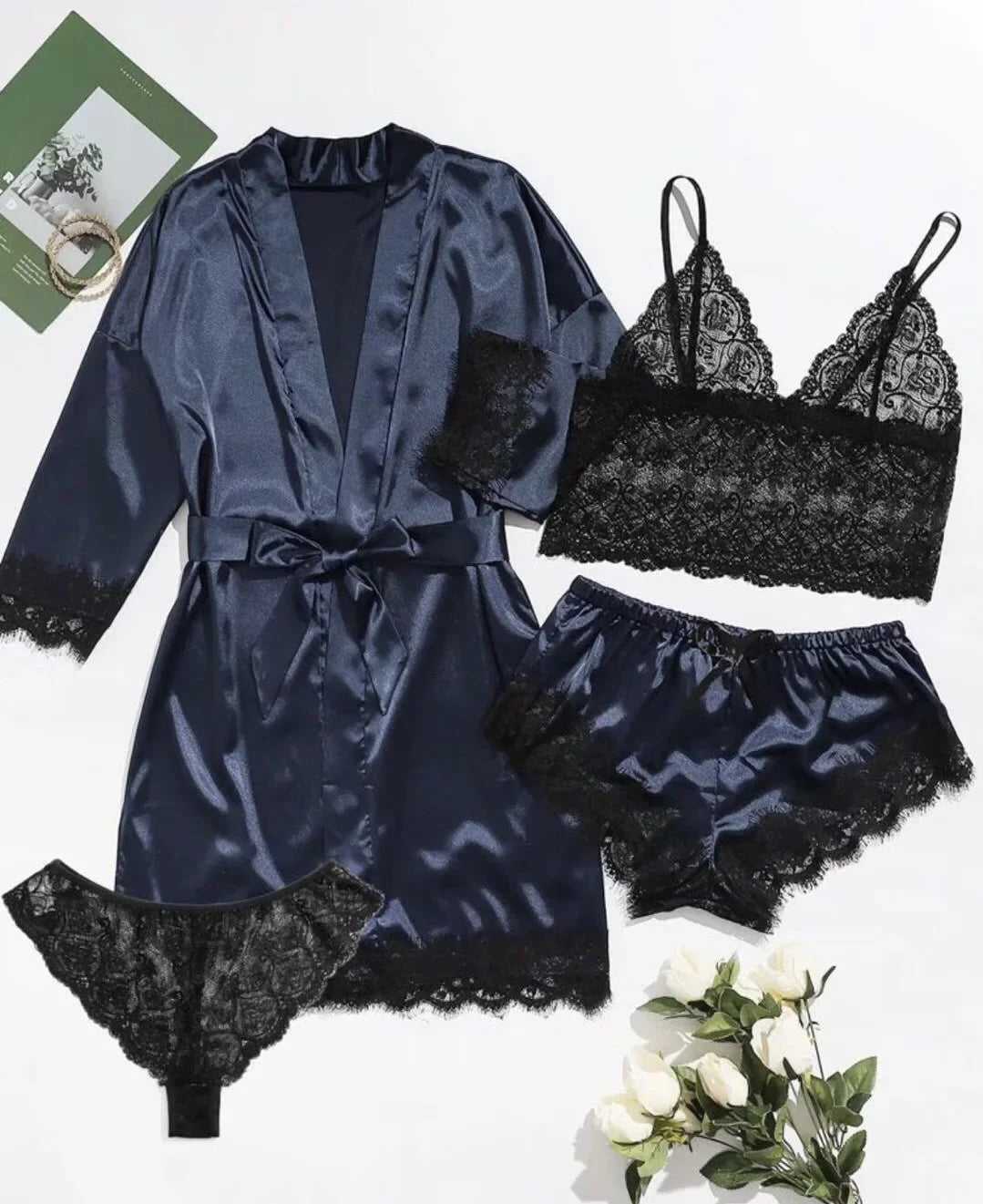 4 Piece Satin Pajama Set with Lace Trim.