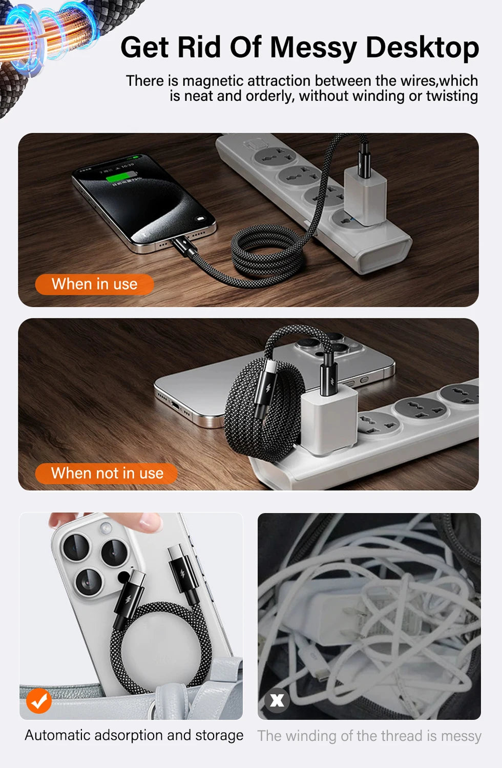 100W Magnetic Data Cable | Fast Charging for iPhone 15/16, Samsung, and PC