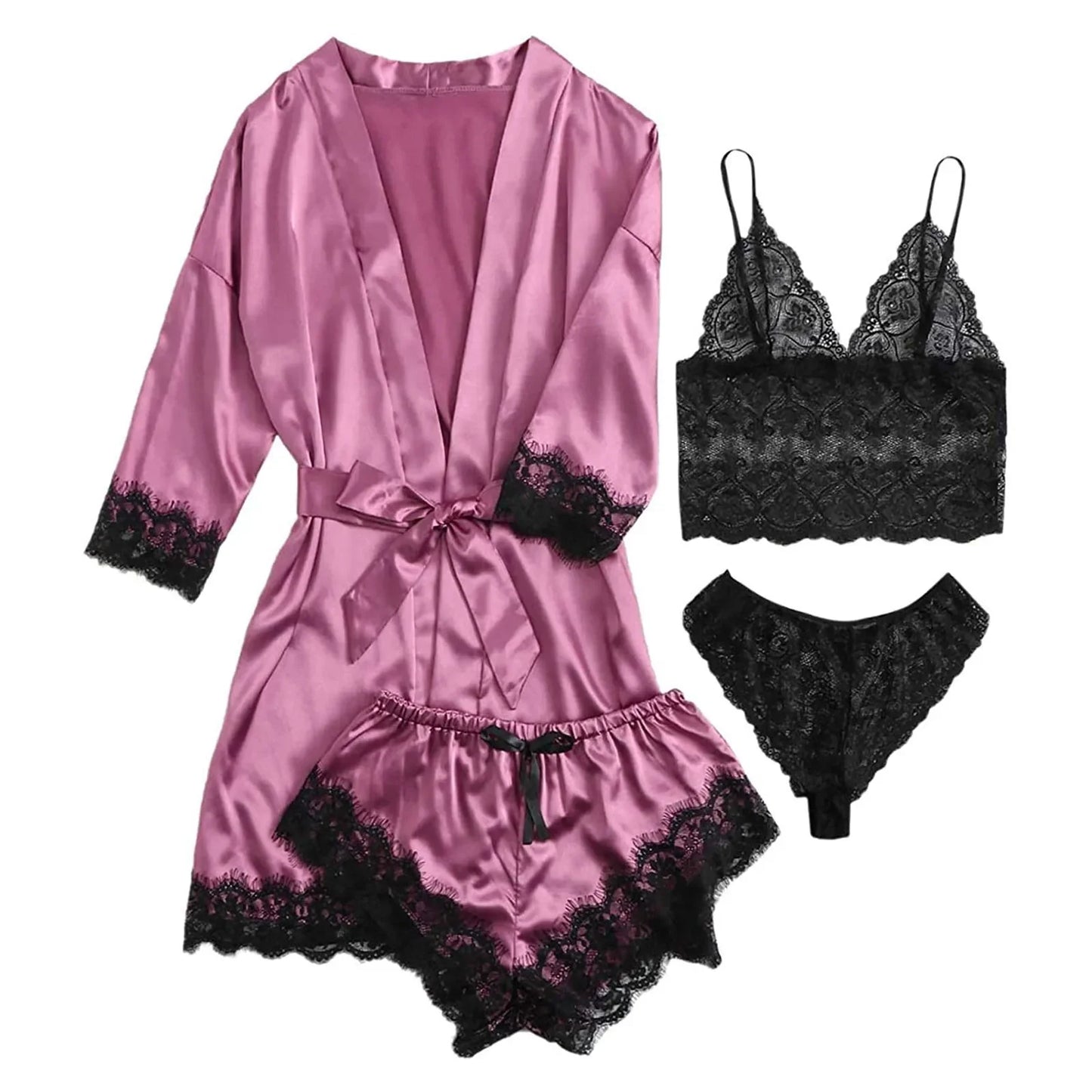 4 Piece Satin Pajama Set with Lace Trim.