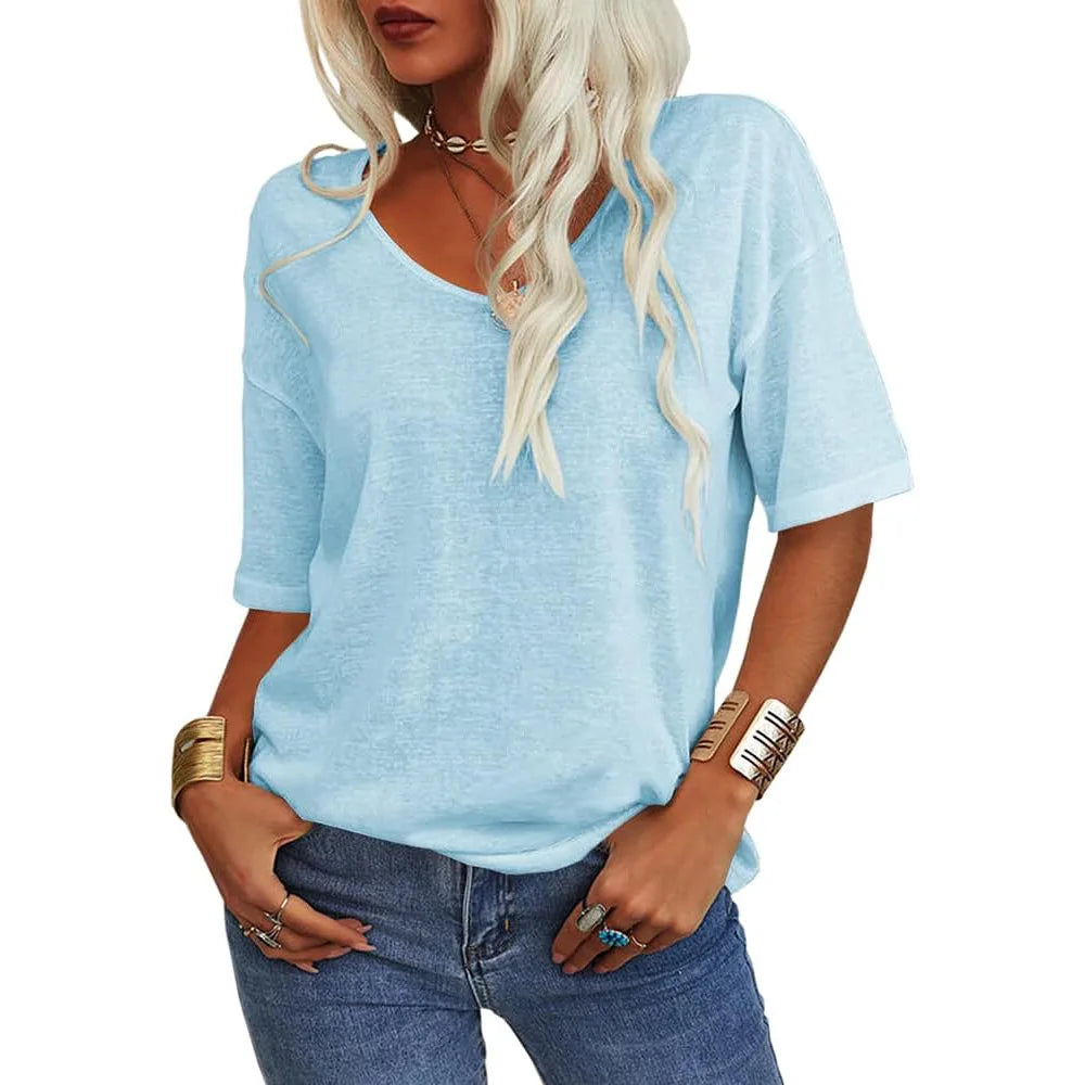 T-shirt da donna girocollo tinta unita in cotone mezza manica manica manica 3/4 casual piega ampia abiti autunnali di base