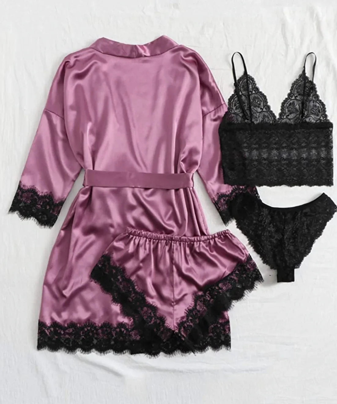 4 Piece Satin Pajama Set with Lace Trim.
