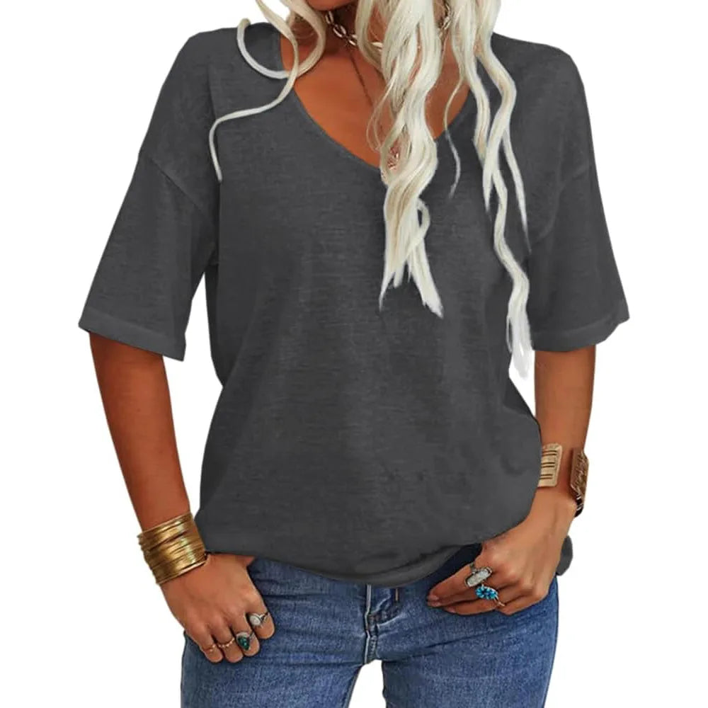 T-shirt da donna girocollo tinta unita in cotone mezza manica manica manica 3/4 casual piega ampia abiti autunnali di base