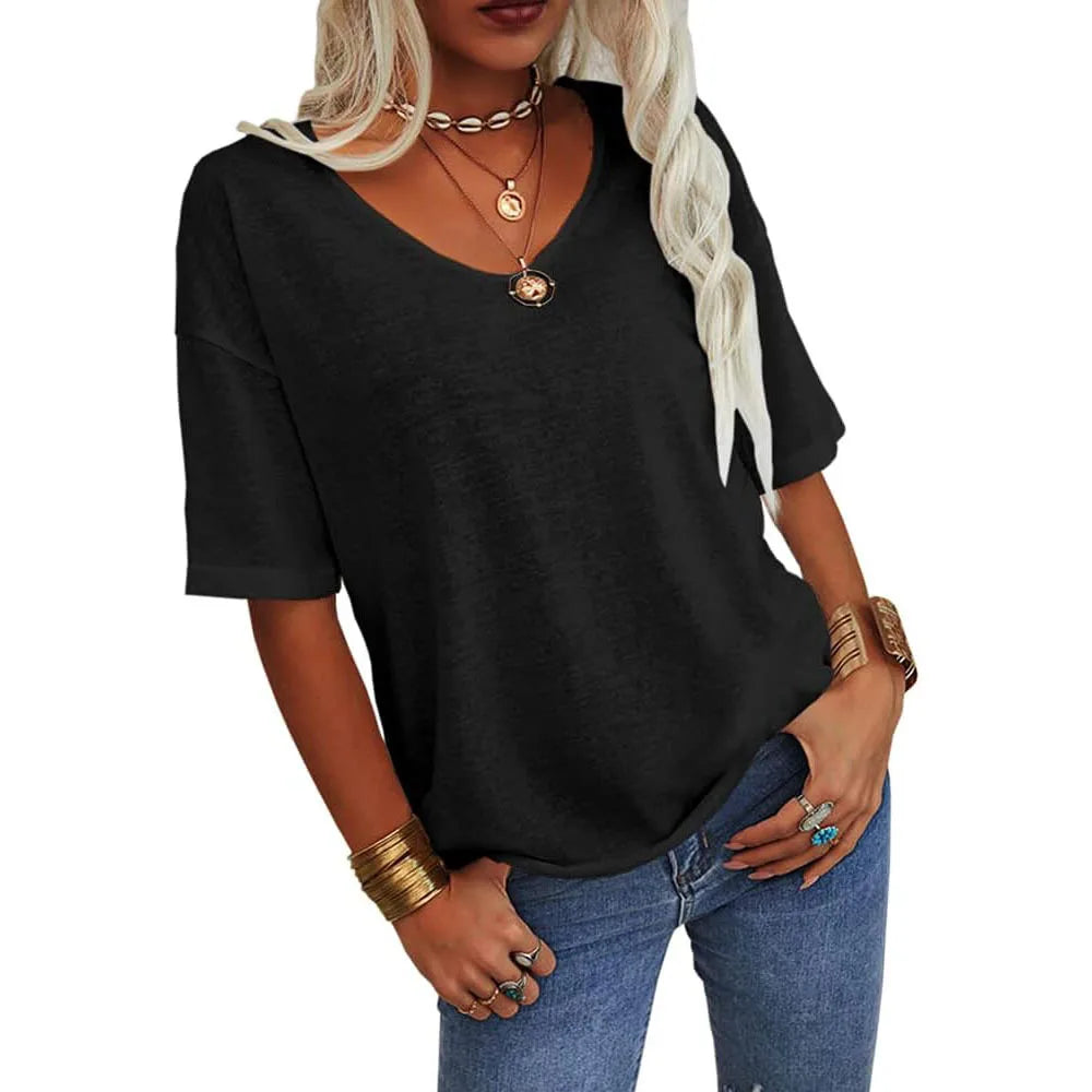 T-shirt da donna girocollo tinta unita in cotone mezza manica manica manica 3/4 casual piega ampia abiti autunnali di base
