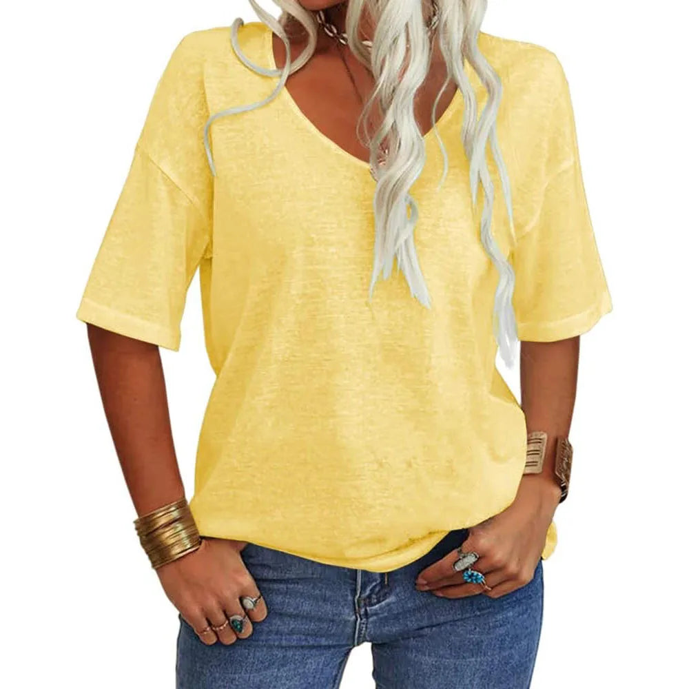 T-shirt da donna girocollo tinta unita in cotone mezza manica manica manica 3/4 casual piega ampia abiti autunnali di base