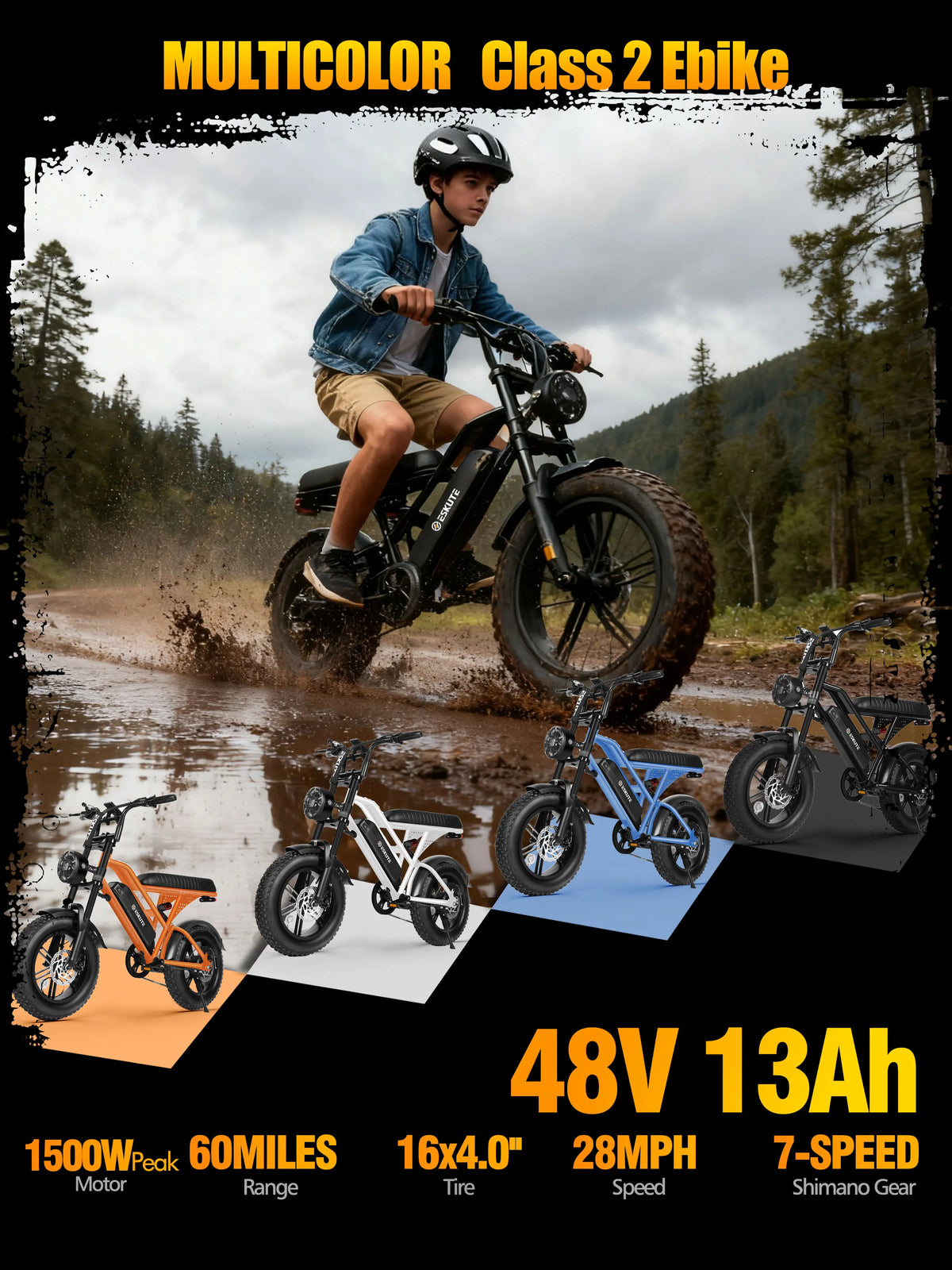 Eskute V100 Fat-Tire Electric Bike – 48V 13Ah, 16-Inch Tires