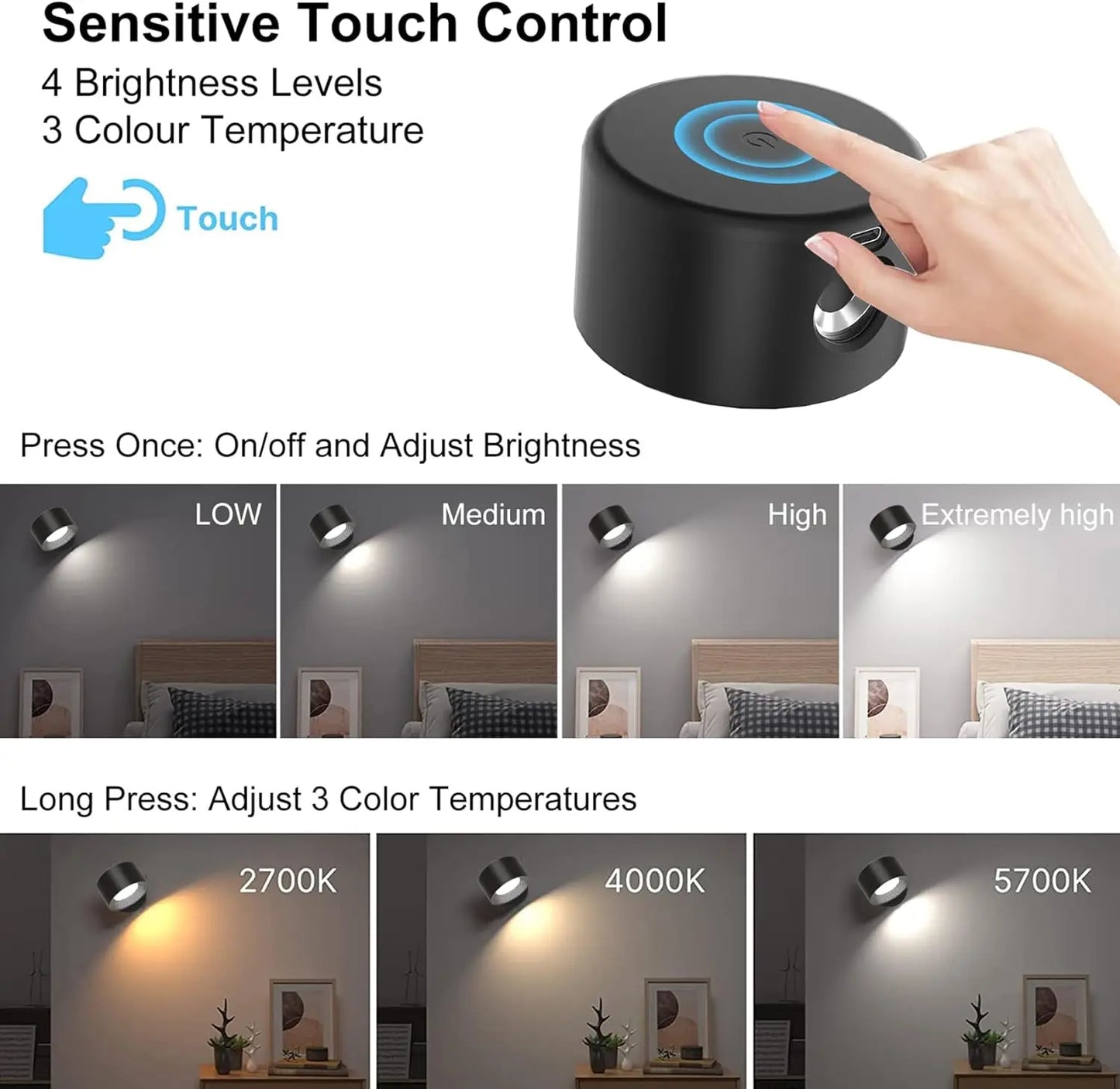 2000mAh Magnetic LED Wall Light – Rechargeable, 3 Colors and 360° Rotation