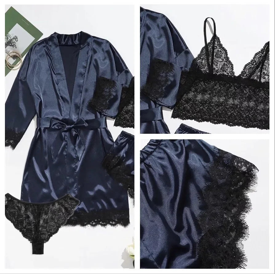 4 Piece Satin Pajama Set with Lace Trim.