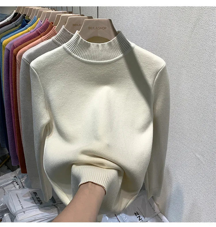 Elegante maglione addensato foderato in pile da donna per Polo a maniche lunghe autunno/inverno/Top termico con collo alto usura interna