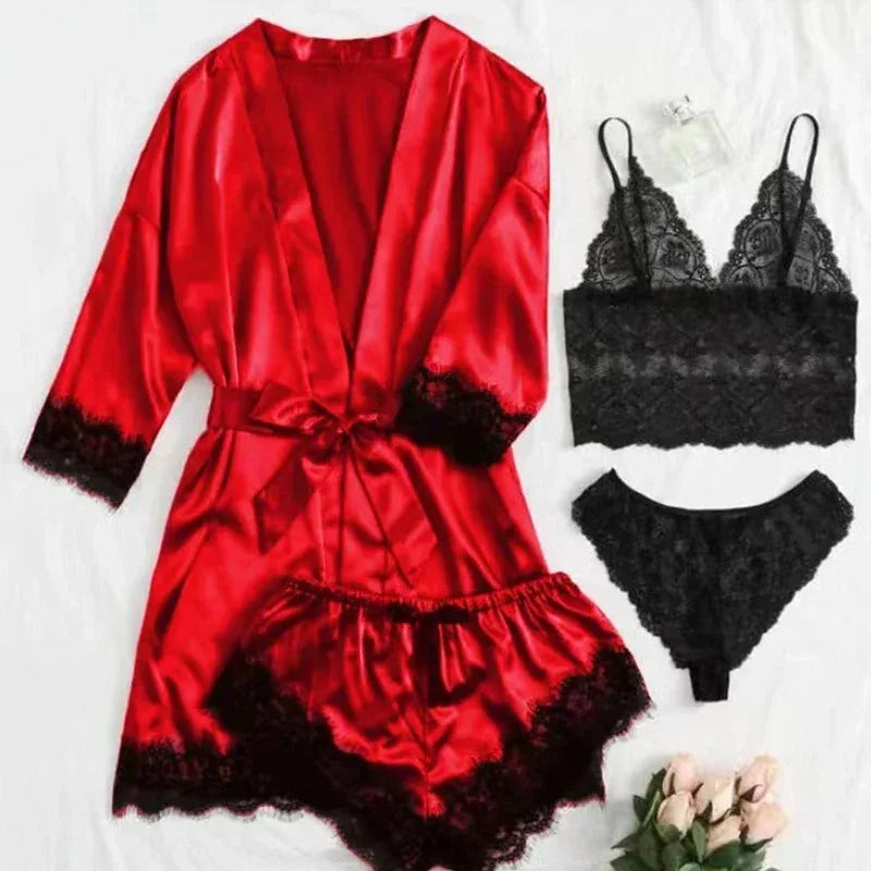 4 Piece Satin Pajama Set with Lace Trim.