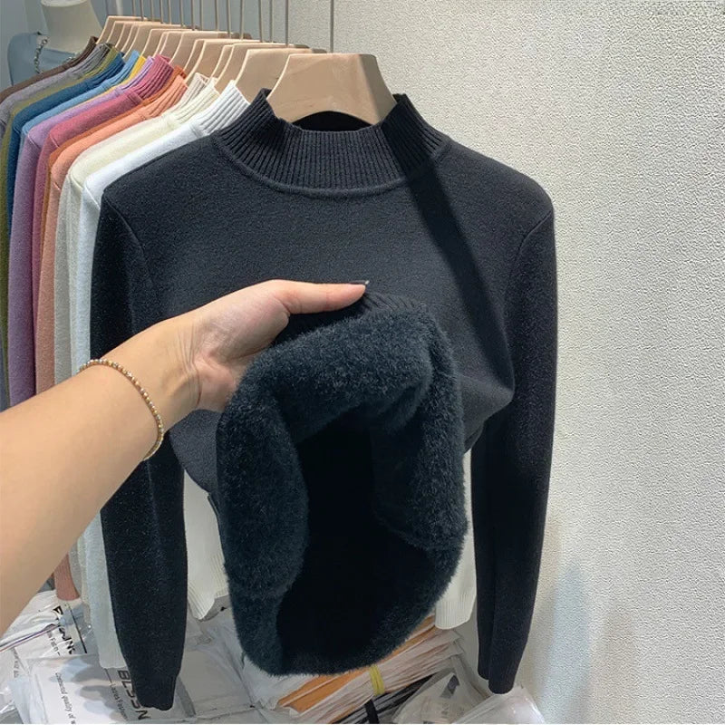 Elegante maglione addensato foderato in pile da donna per Polo a maniche lunghe autunno/inverno/Top termico con collo alto usura interna