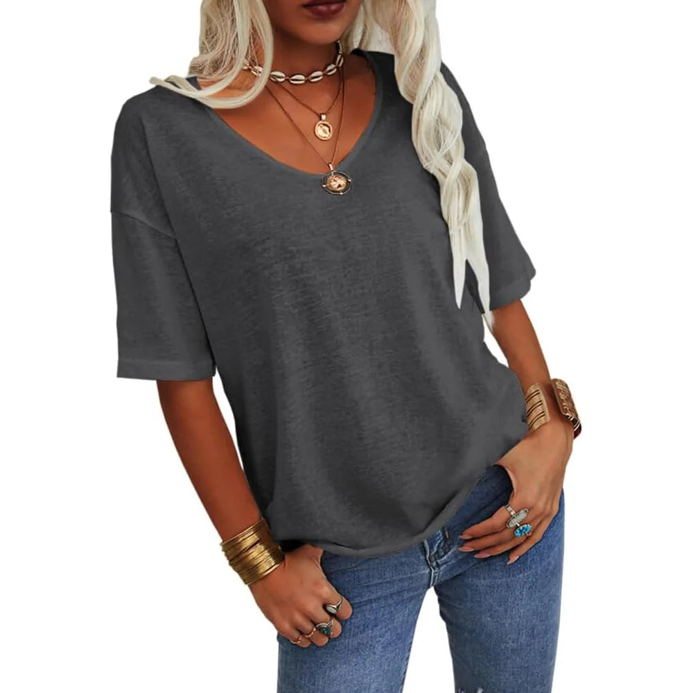 T-shirt da donna girocollo tinta unita in cotone mezza manica manica manica 3/4 casual piega ampia abiti autunnali di base