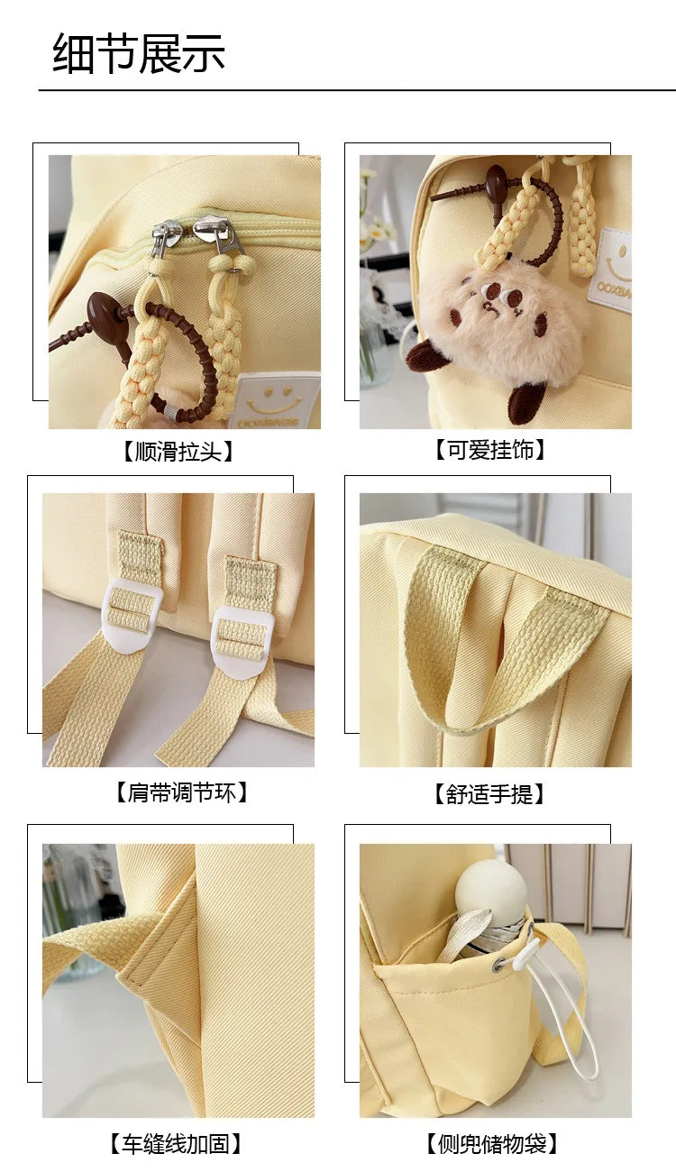 Zaino da donna in nylon di marca con ciondolo in peluche casual Borsa da viaggio per borsa da scuola a secchiello di grande capacità