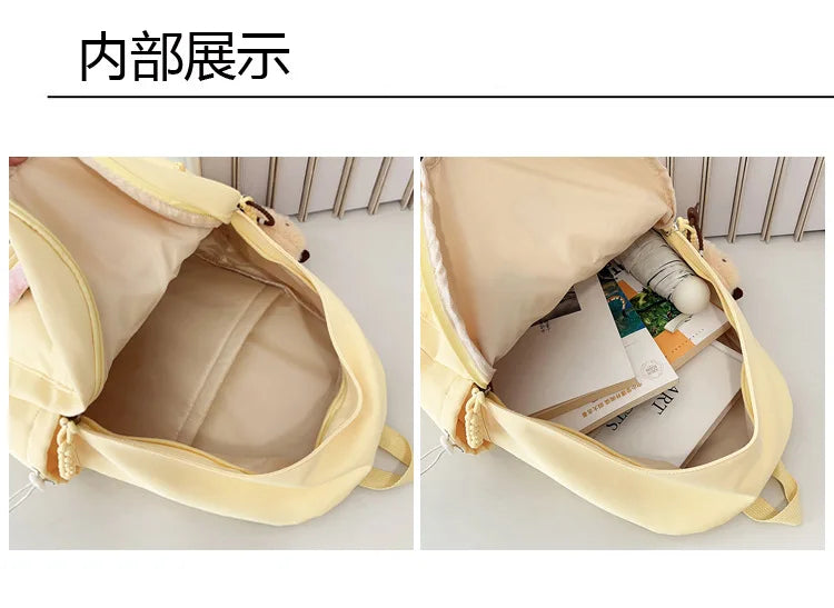 Zaino da donna in nylon di marca con ciondolo in peluche casual Borsa da viaggio per borsa da scuola a secchiello di grande capacità