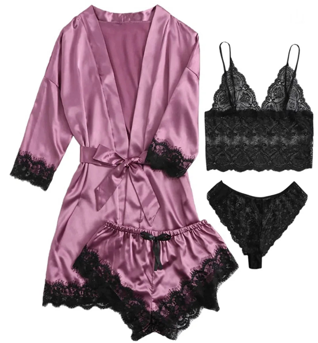 4 Piece Satin Pajama Set with Lace Trim.
