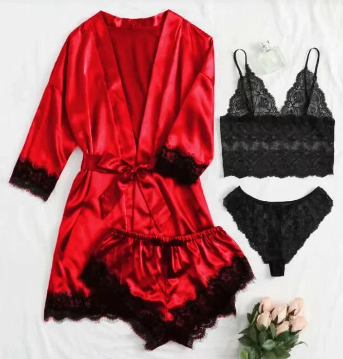 4 Piece Satin Pajama Set with Lace Trim.