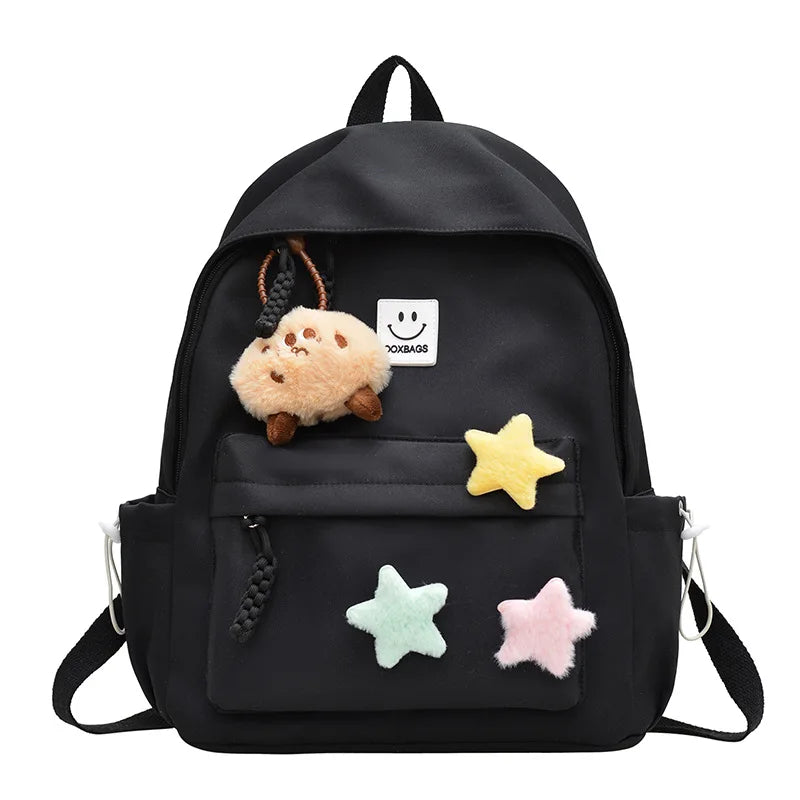 Zaino da donna in nylon di marca con ciondolo in peluche casual Borsa da viaggio per borsa da scuola a secchiello di grande capacità