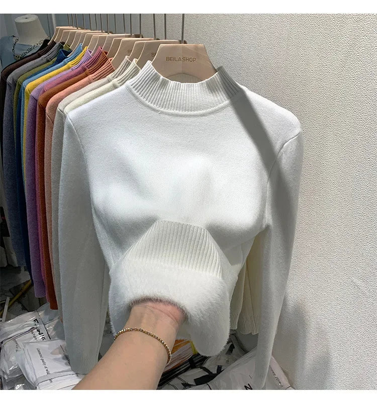 Elegante maglione addensato foderato in pile da donna per Polo a maniche lunghe autunno/inverno/Top termico con collo alto usura interna