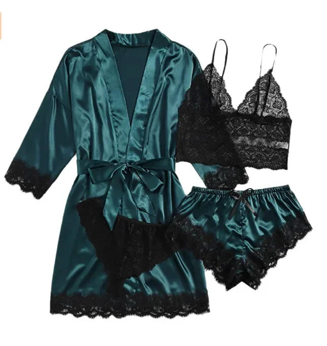 4 Piece Satin Pajama Set with Lace Trim.