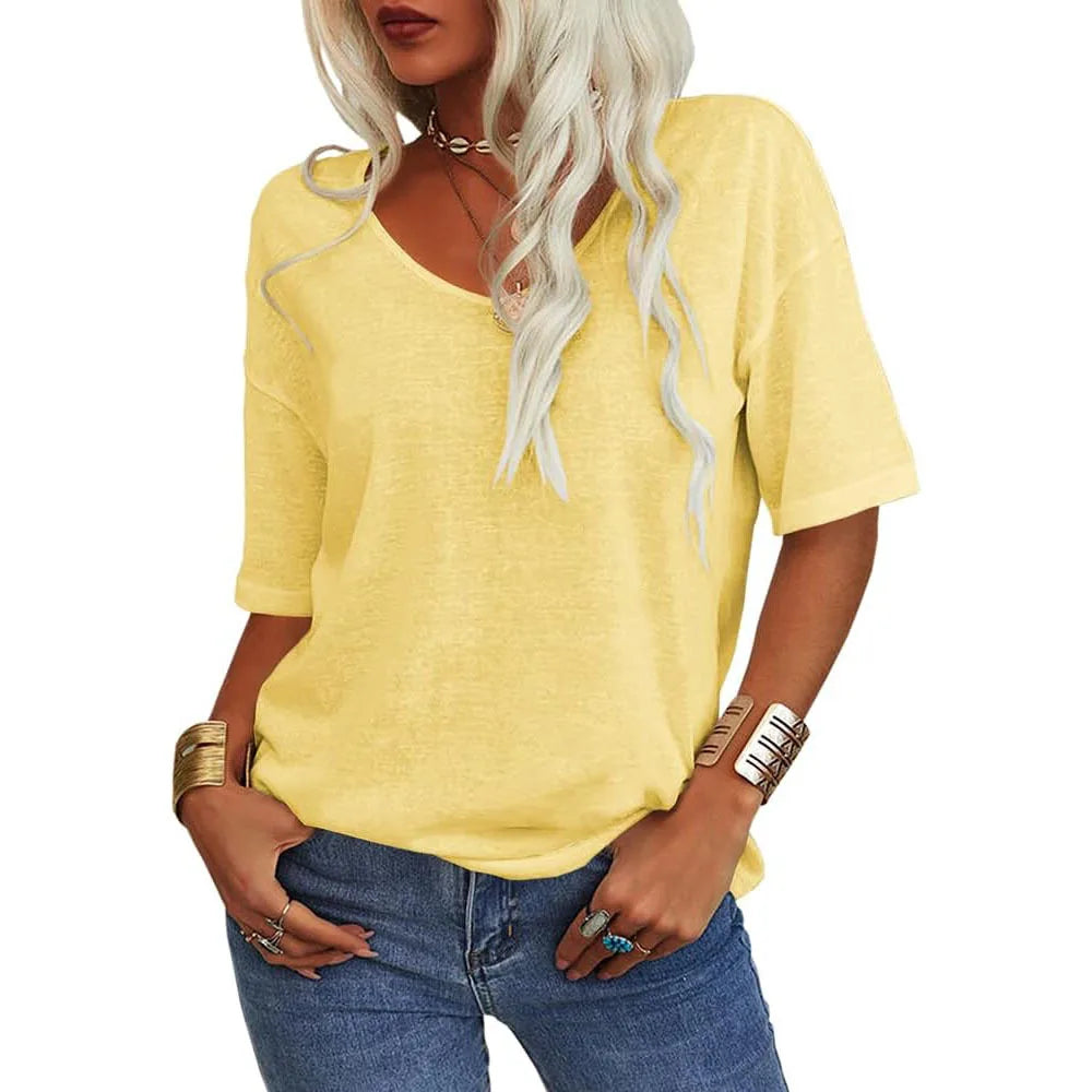 T-shirt da donna girocollo tinta unita in cotone mezza manica manica manica 3/4 casual piega ampia abiti autunnali di base