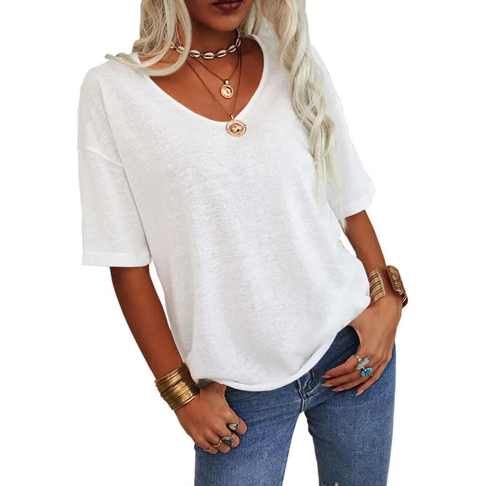 T-shirt da donna girocollo tinta unita in cotone mezza manica manica manica 3/4 casual piega ampia abiti autunnali di base