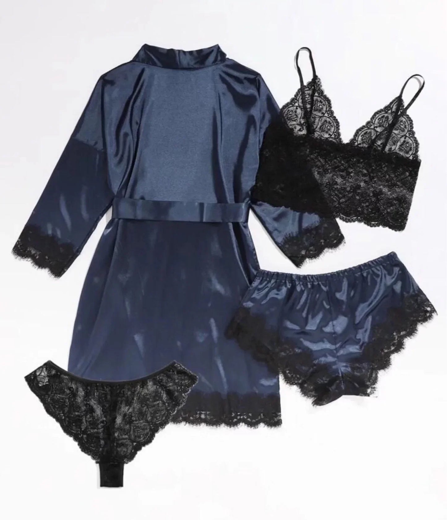 4 Piece Satin Pajama Set with Lace Trim.
