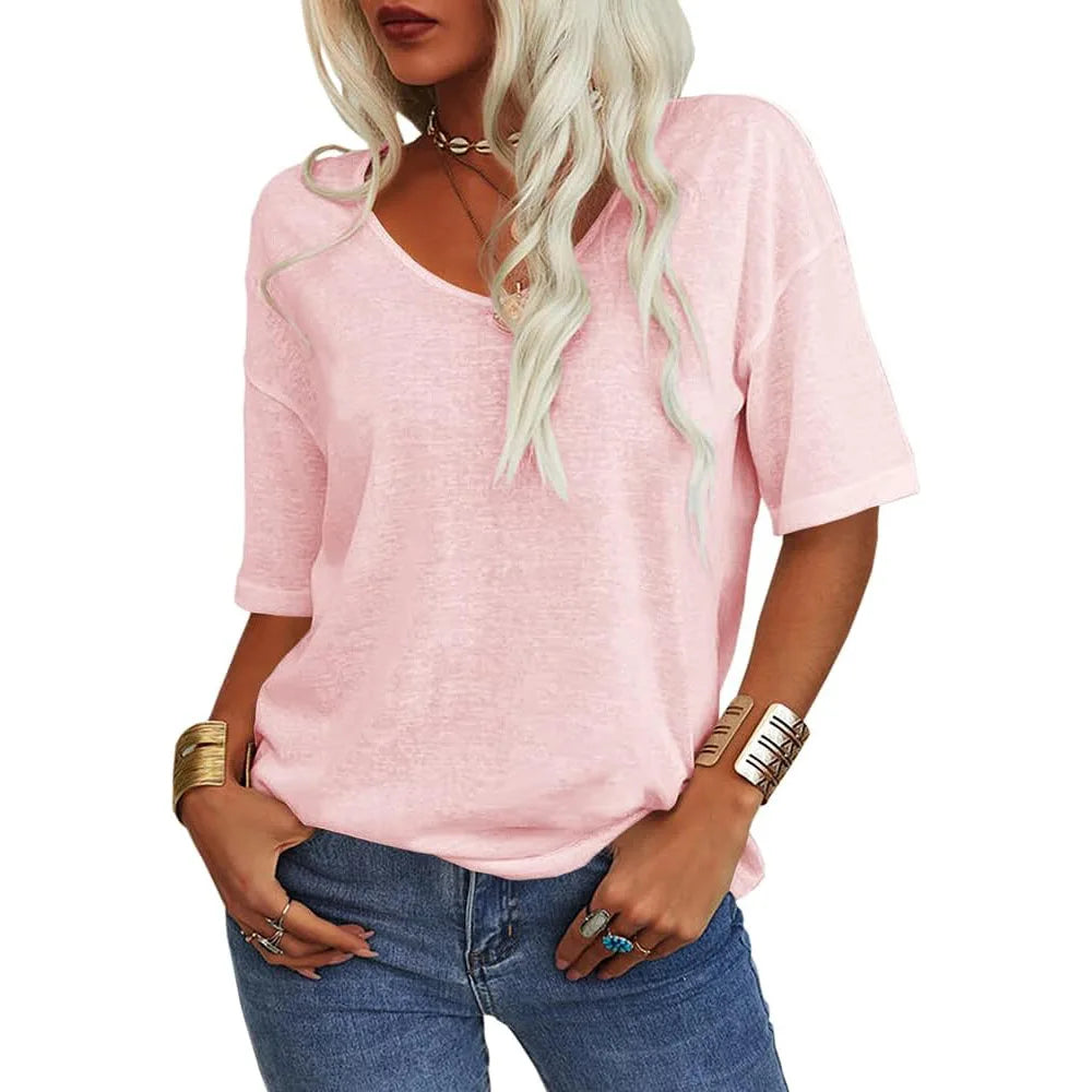 T-shirt da donna girocollo tinta unita in cotone mezza manica manica manica 3/4 casual piega ampia abiti autunnali di base