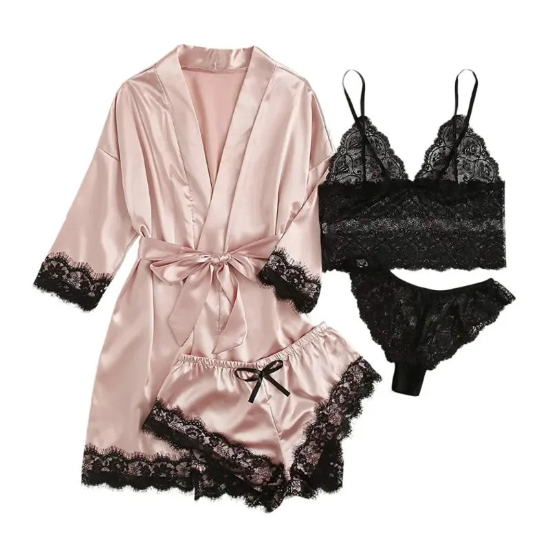 4 Piece Satin Pajama Set with Lace Trim.