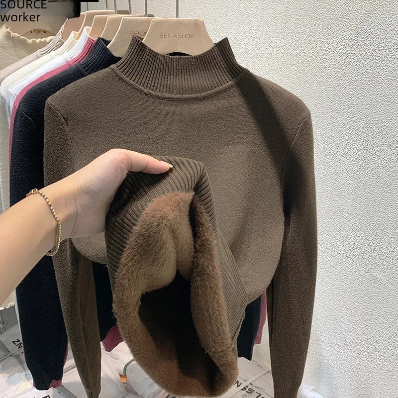 Elegante maglione addensato foderato in pile da donna per Polo a maniche lunghe autunno/inverno/Top termico con collo alto usura interna