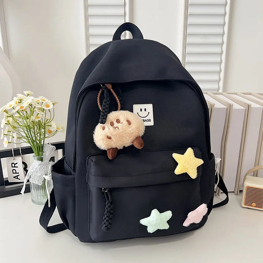 Zaino da donna in nylon di marca con ciondolo in peluche casual Borsa da viaggio per borsa da scuola a secchiello di grande capacità