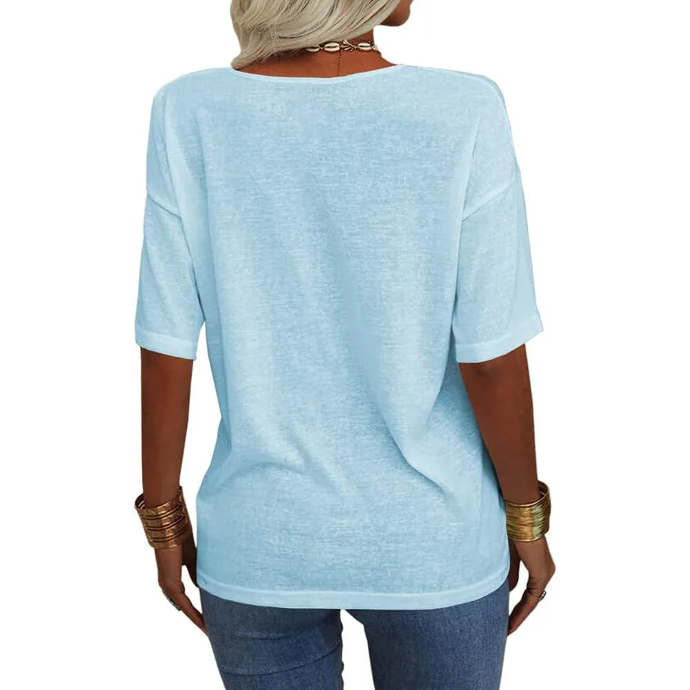T-shirt da donna girocollo tinta unita in cotone mezza manica manica manica 3/4 casual piega ampia abiti autunnali di base