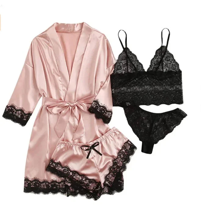 4 Piece Satin Pajama Set with Lace Trim.