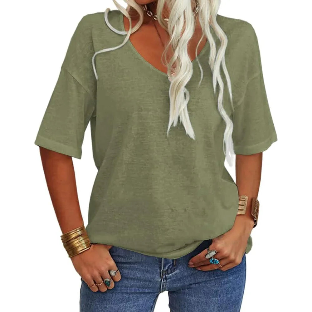 T-shirt da donna girocollo tinta unita in cotone mezza manica manica manica 3/4 casual piega ampia abiti autunnali di base