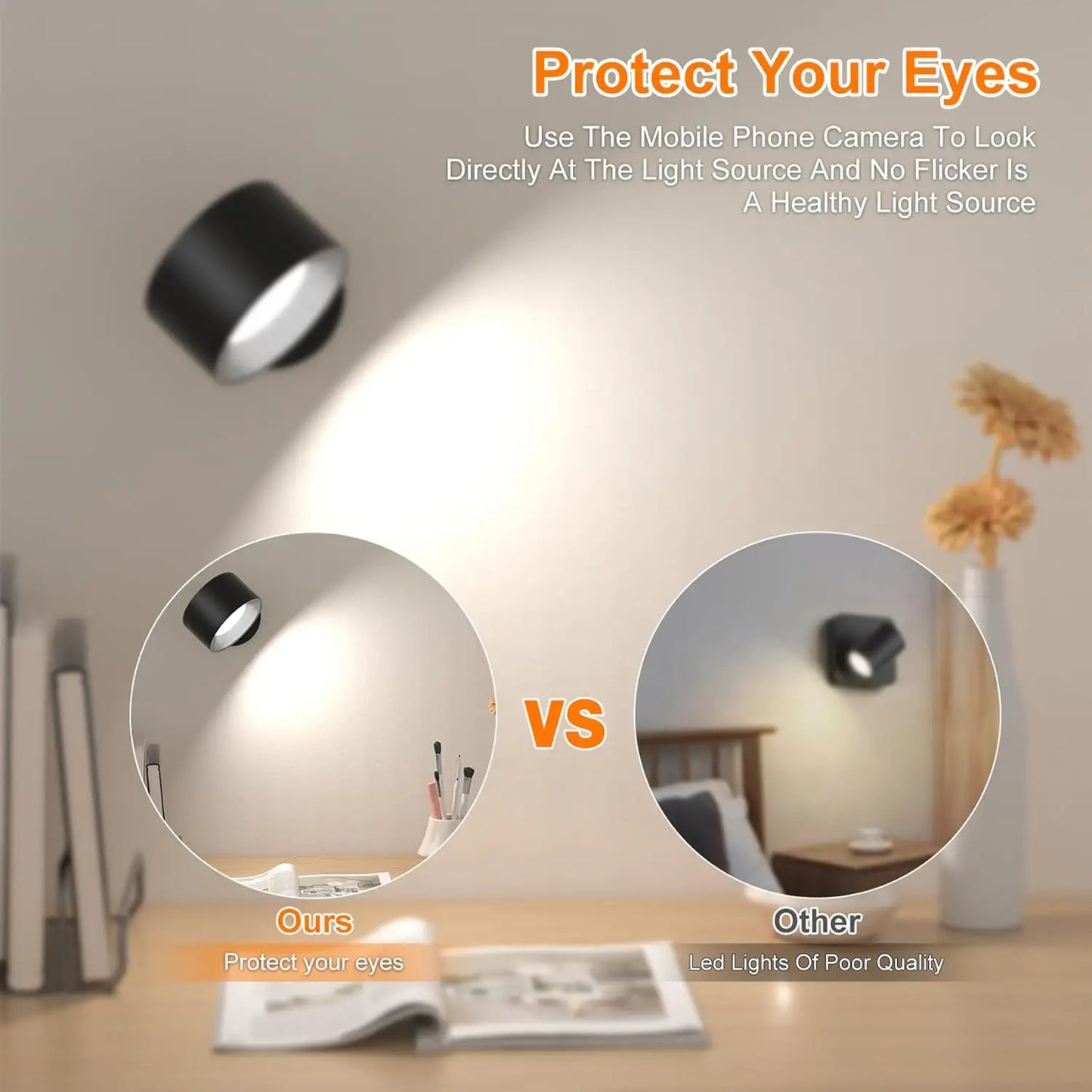 2000mAh Magnetic LED Wall Light – Rechargeable, 3 Colors and 360° Rotation