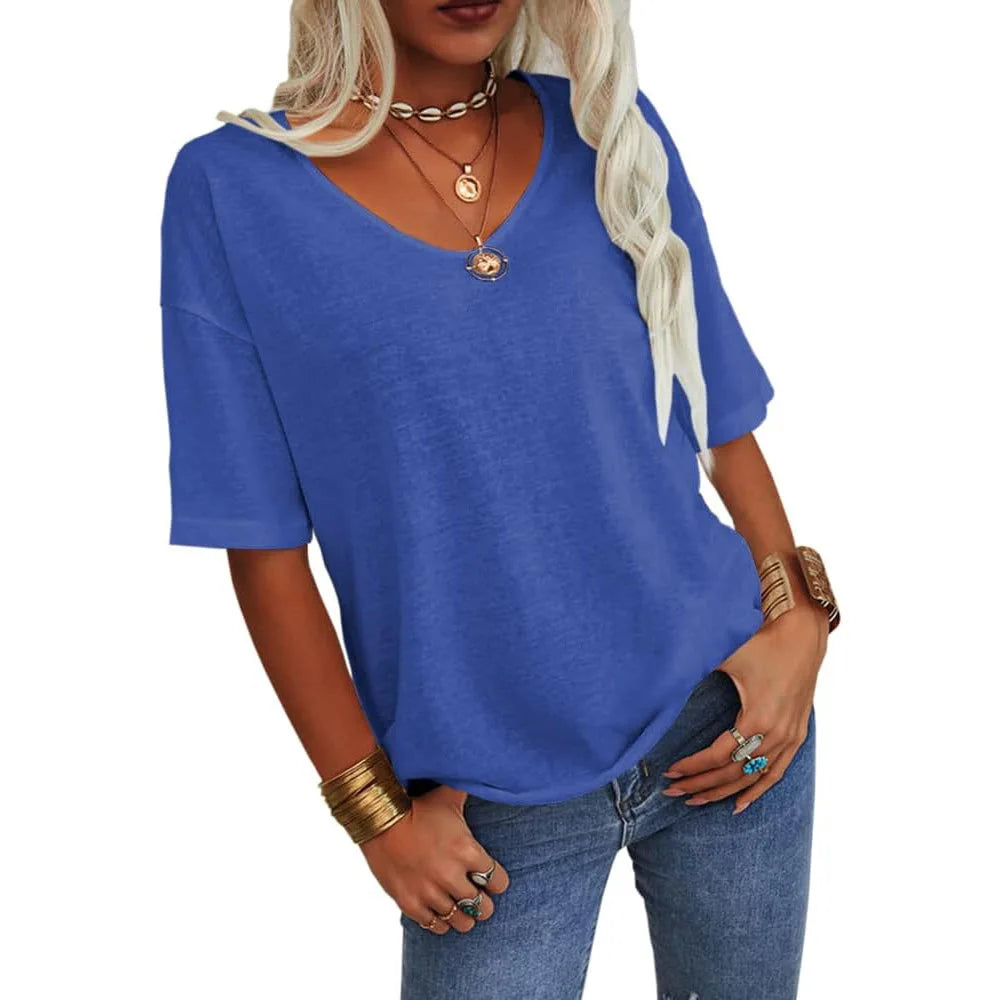 T-shirt da donna girocollo tinta unita in cotone mezza manica manica manica 3/4 casual piega ampia abiti autunnali di base