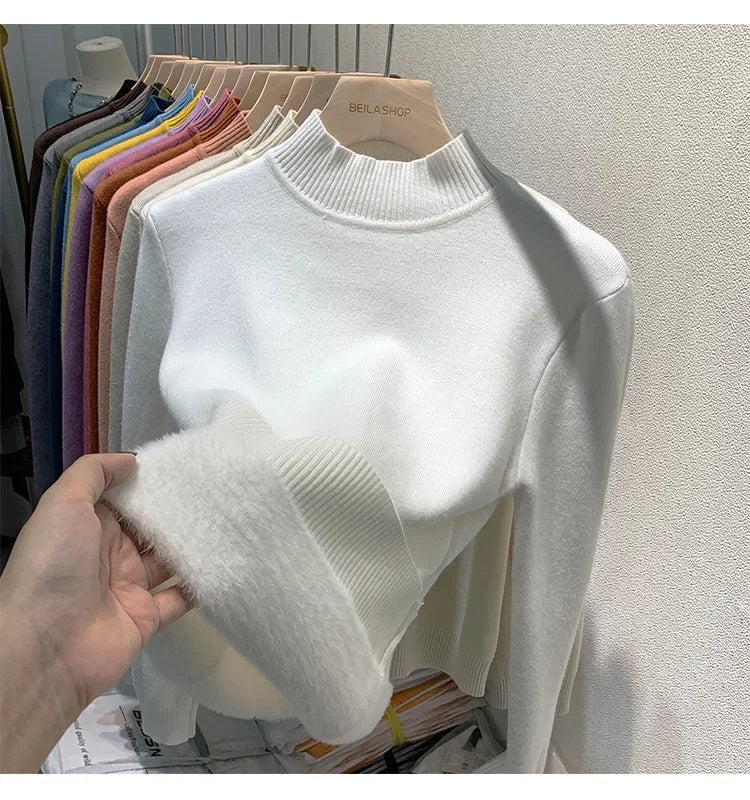 Elegante maglione addensato foderato in pile da donna per Polo a maniche lunghe autunno/inverno/Top termico con collo alto usura interna