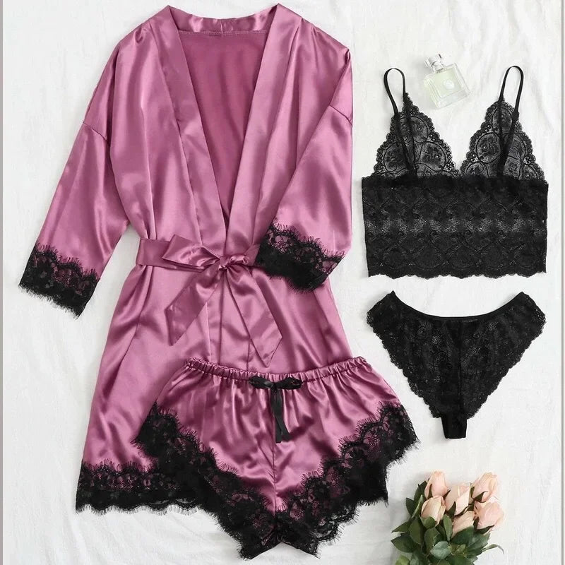 4 Piece Satin Pajama Set with Lace Trim.