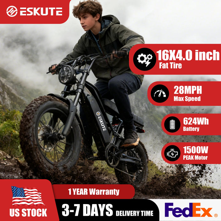 Eskute V100 Fat-Tire Electric Bike – 48V 13Ah, 16-Inch Tires
