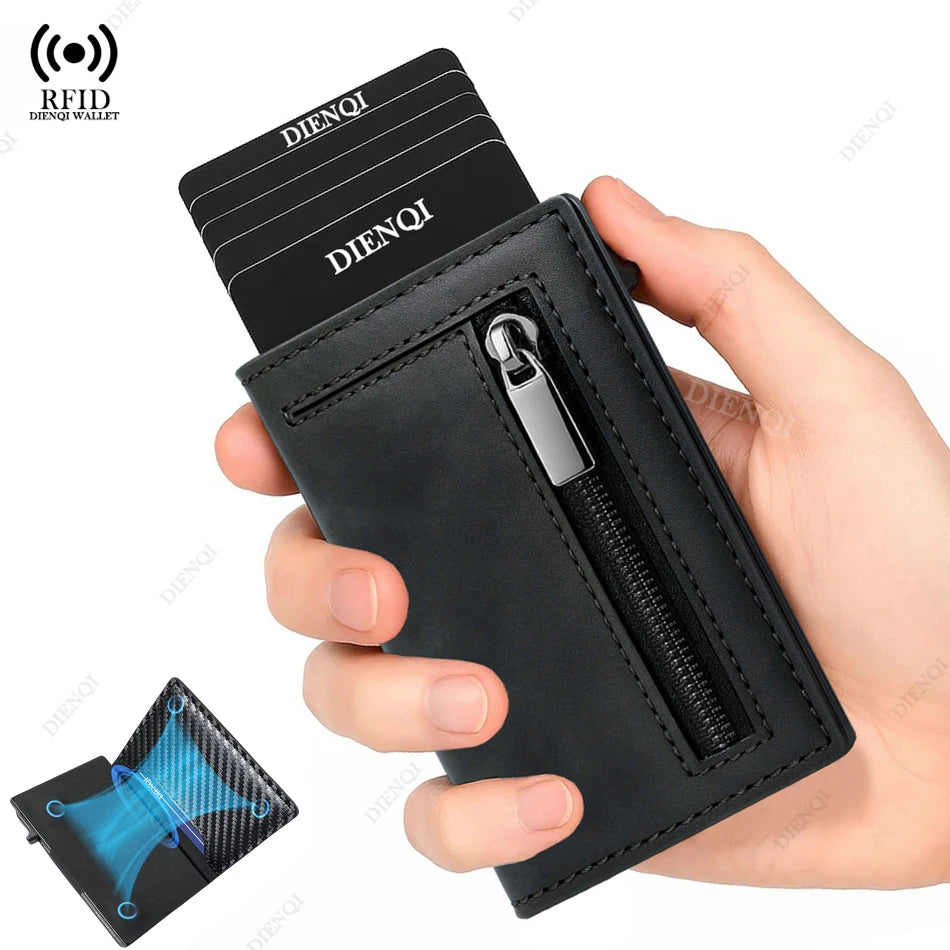 Leather RFID Card Holder – Slim Wallet and Magnetic Coin Pocket
