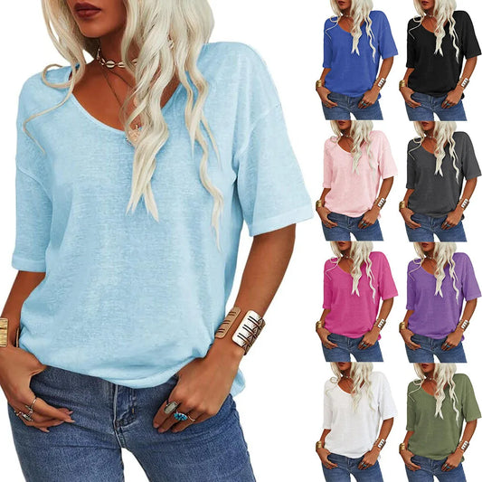 T-shirt da donna girocollo tinta unita in cotone mezza manica manica manica 3/4 casual piega ampia abiti autunnali di base