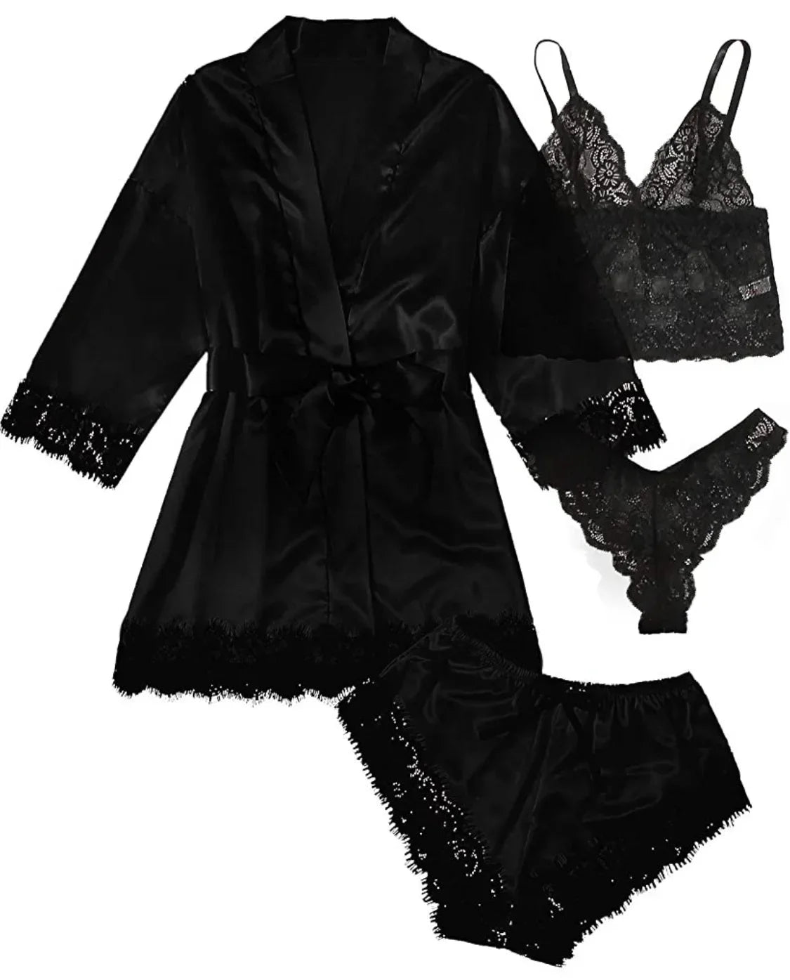 4 Piece Satin Pajama Set with Lace Trim.