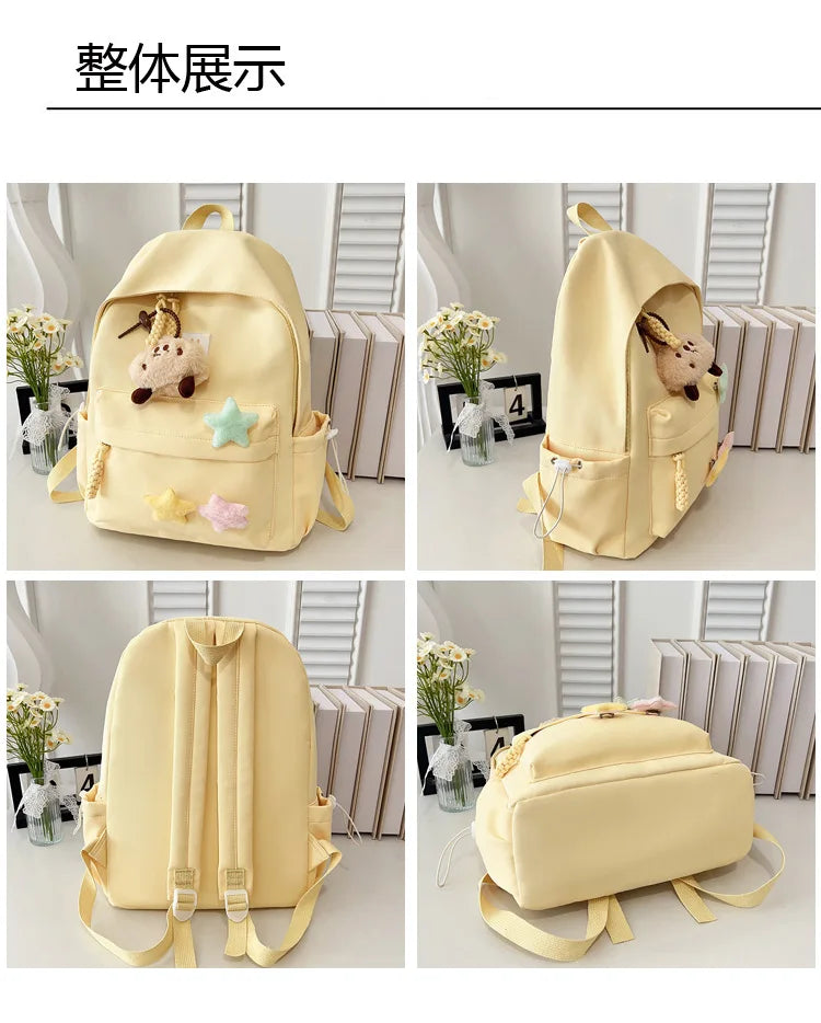 Zaino da donna in nylon di marca con ciondolo in peluche casual Borsa da viaggio per borsa da scuola a secchiello di grande capacità