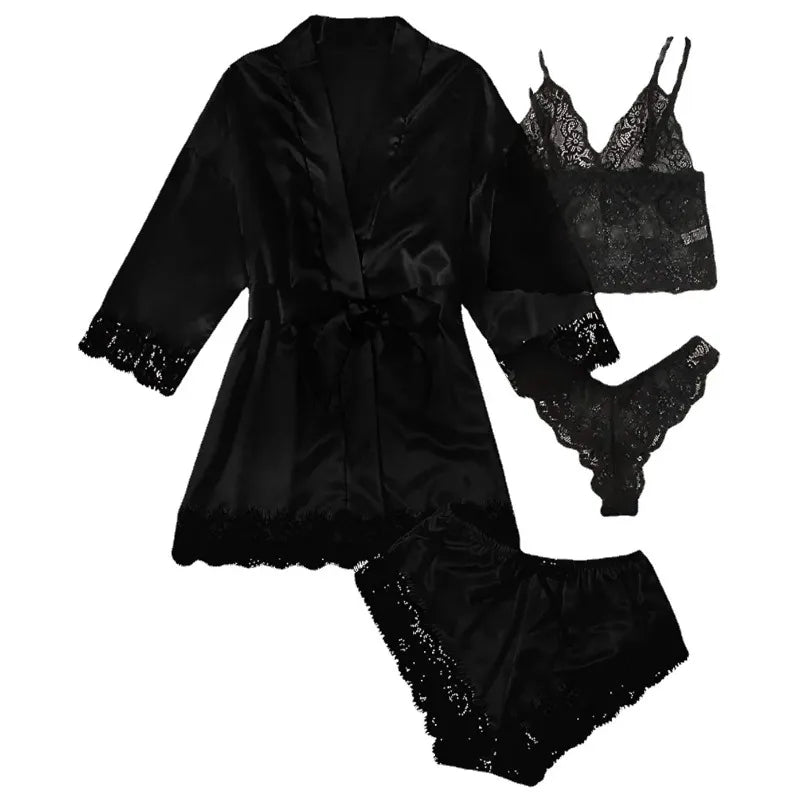 4 Piece Satin Pajama Set with Lace Trim.