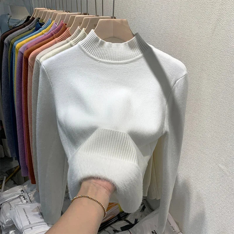 Elegante maglione addensato foderato in pile da donna per Polo a maniche lunghe autunno/inverno/Top termico con collo alto usura interna