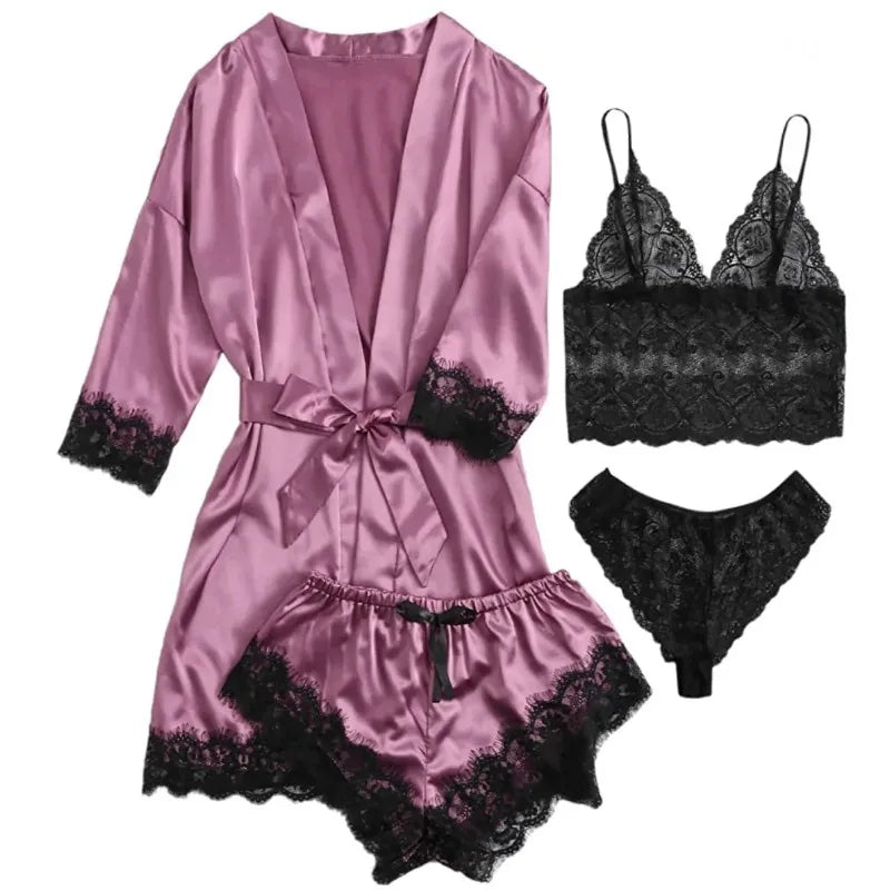 4 Piece Satin Pajama Set with Lace Trim.