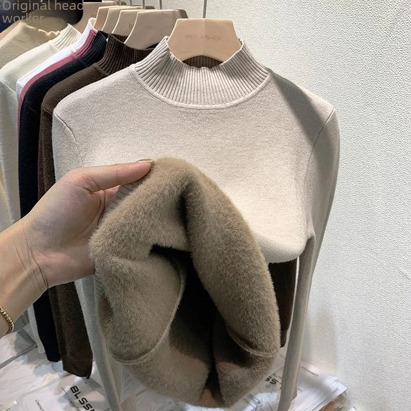 Elegante maglione addensato foderato in pile da donna per Polo a maniche lunghe autunno/inverno/Top termico con collo alto usura interna