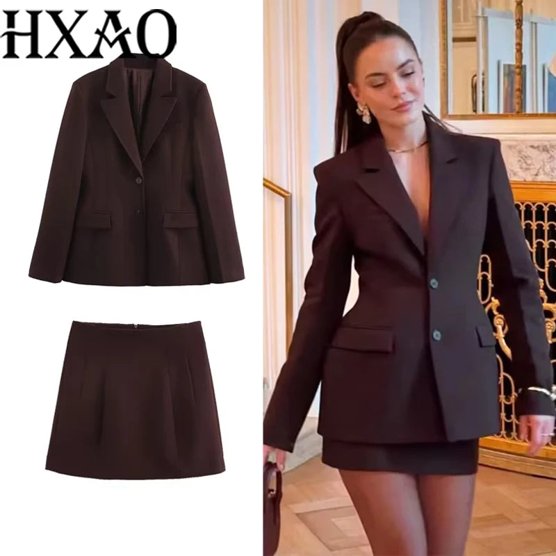 HXAO Set di gonne eleganti per donna 2 pezzi Outfit 2025 Cappotto lungo blazer primaverile Minigonne a vita media Set di gonne da ufficio alla moda