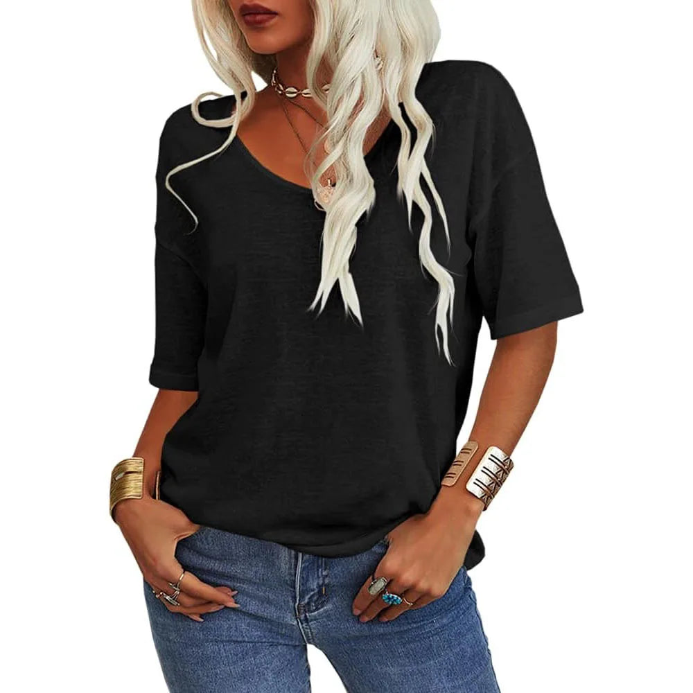 T-shirt a maniche corte da donna estiva con scollo a V allentata rosa moda Top casual nero Street Basic White Tees