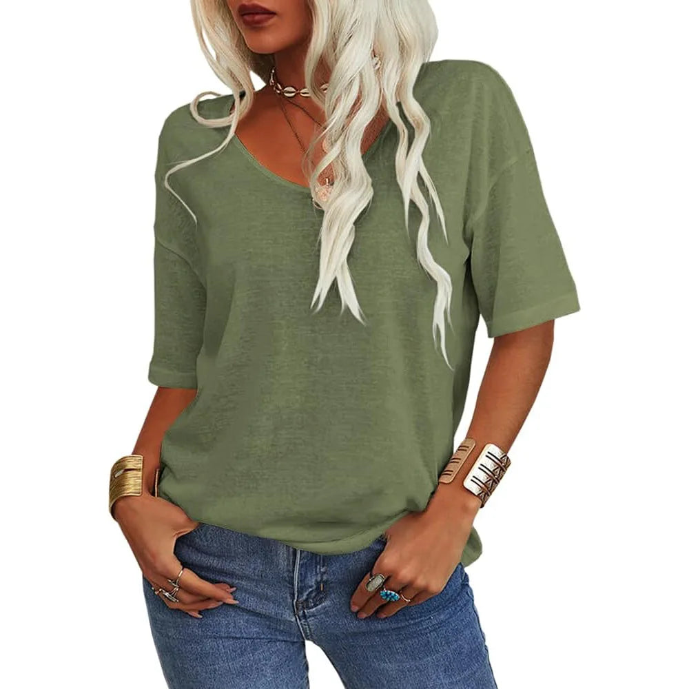 T-shirt da donna girocollo tinta unita in cotone mezza manica manica manica 3/4 casual piega ampia abiti autunnali di base