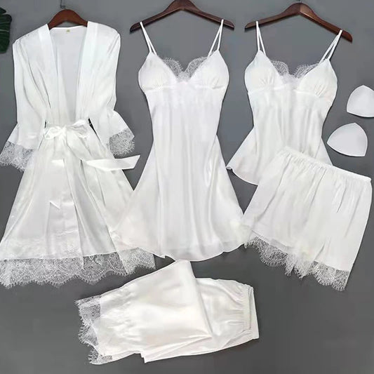 Bianco 5PCS Set da notte Pigiama Lady Pigiama in raso di pizzo Kimono Abito da bagno Indumenti da notte larghi Abbigliamento per la casa Scollo a V Indumenti da notte casual