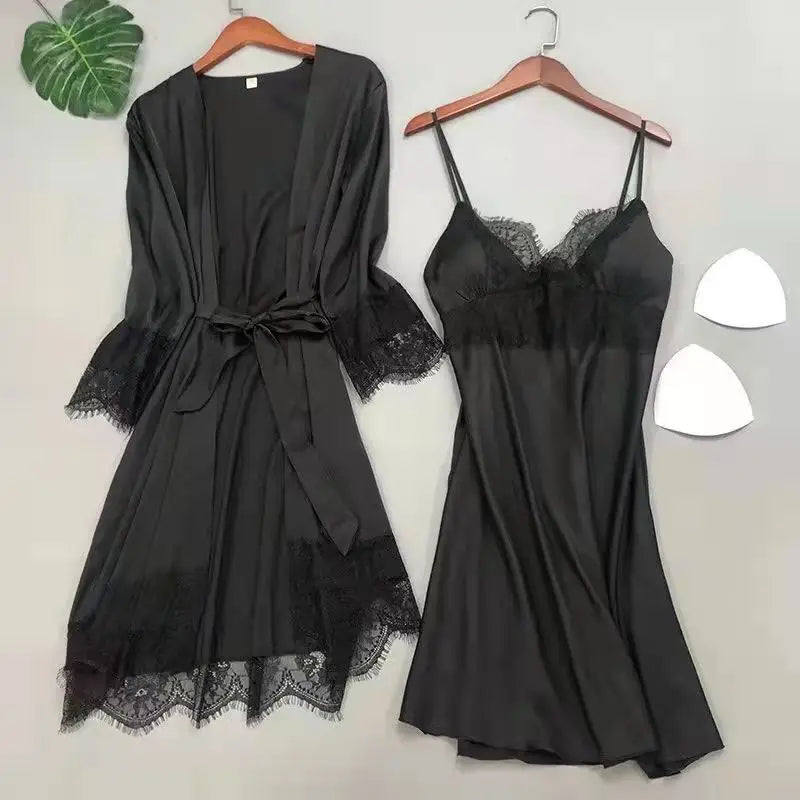Bianco 5PCS Set da notte Pigiama Lady Pigiama in raso di pizzo Kimono Abito da bagno Indumenti da notte larghi Abbigliamento per la casa Scollo a V Indumenti da notte casual